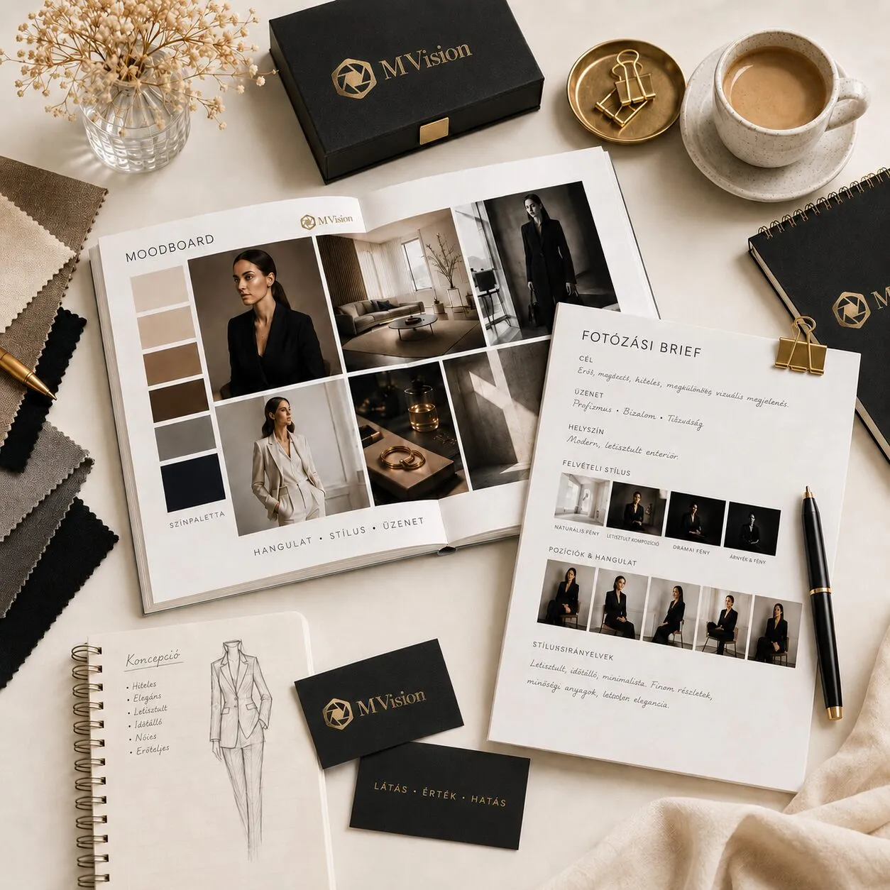 Prémium fotózás moodboardja és fotózási briefje az Mvision Studio arculati anyagaival