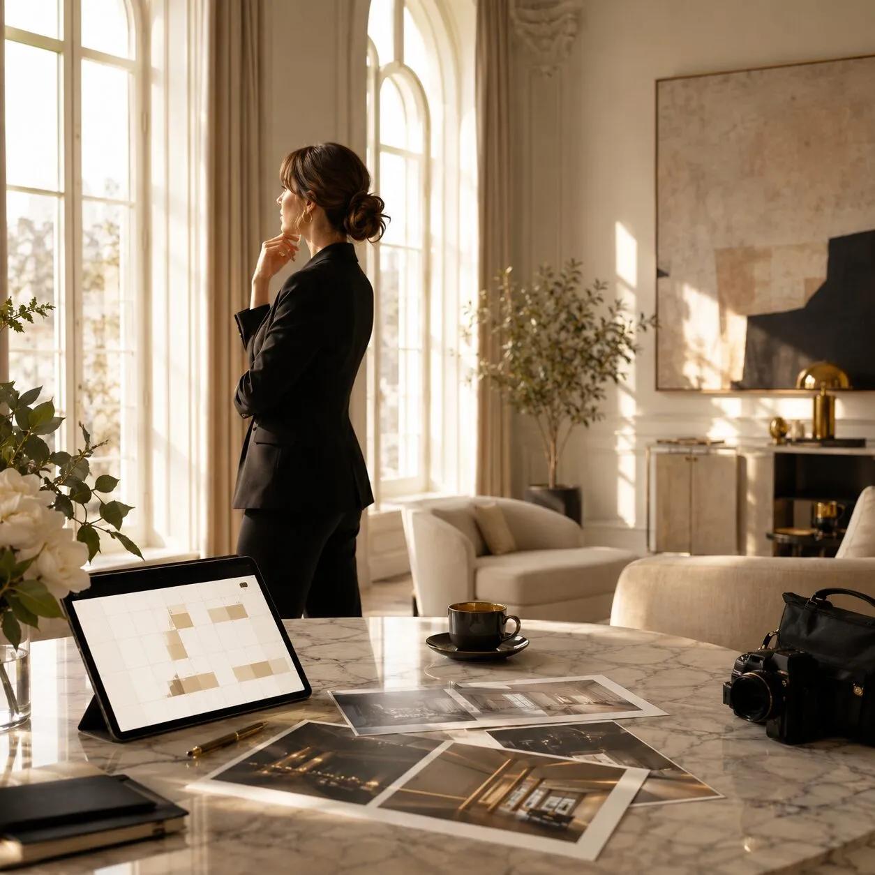 Prémium fotózás koncepciótervezése elegáns enteriőrben, moodboarddal és kamerával